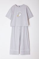 Trendyol Curve Grey Printed Wide Leg Crop Boy Knitted Pajama Set