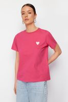 Trendyol Pink 100 Cotton Leaf/Glossy Heart Embroidery Regular/Regular Fit Knitted T-Shirt