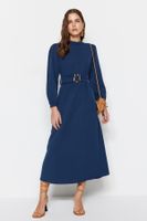 Trendyol Navy Blue Belted High Collar Linen Look Woven Dress