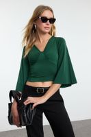 Trendyol Emerald Green Gathered/Draped Detailed Three Quarter Sleeve Flexible Knitted Blouse