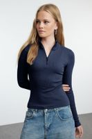 Trendyol Navy Blue Fitted/Fits the Body Zippered Collar Flexible Knitted Blouse