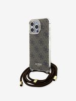 Guess IML 4G Printed Crossbody Popruh Zadní Kryt pro iPhone 15 Pro Brown Etui za telefon ljubičasta