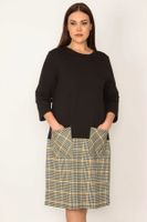Şans Women's Plus Size Black Skirt Checked Patterned Pocket Dress