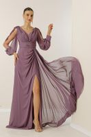 By Saygı V-nyakú elülső draped bélelt ujjak tüll guipure részletes széles testintervallum sifon hosszú ruha