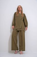 Trend Alaçatı Stili Women's Khaki Crew Neck Pearl and Stone Embroidered Tunic and Trousers Set