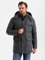 Ombre Men's long warm parka jacket with wool - black melange