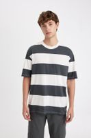 DEFACTO Anthracite Boxy Fit Crew Neck Striped Cotton Short Sleeve T-Shirt