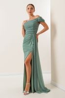 By Saygı Front Pleated Low Sleeve Lined Glittery Long Dress