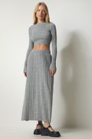 Happiness İstanbul Women's Gray Ribbed Knitwear Crop Skirt Suit