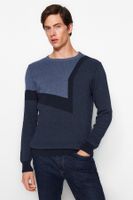 Trendyol Indigo Slim Fit Cotton Crew Neck Color Block Knit Sweater