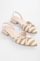 Shoeberry Women Ciao Beige Linen Striped Buckled Ballerinas