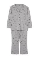 Trendyol Curve Gray Melange Star Patterned Shirt Collar Knitted Pajama Set