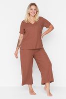 Trendyol Curve Brown Ribbed V-Neck Capri Length Knitted Pajama Set