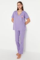 Trendyol Lilac 100% Cotton Printed Pocket Detail Wide Pattern T-shirt-Pants Knitted Pajama Set