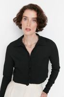 Trendyol Black Button Fitted Polo Neck Ruffle/Textured Crop Knitted Blouse