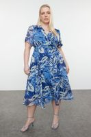 Trendyol Curve Blue Tropical Leaf Patterned Chiffon Double Breasted Woven Dress