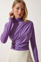 Happiness İstanbul Women's Lilac Gathered Detailed High Neck Sandy Blouse