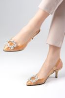 Mio Gusto Dora Nude Crystal Stone Transparent Short Heeled Shoes