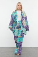 Trendyol Curve Blue Large Size Shawl Pattern Kimono and Wide Leg Viscose Bottom and Top Set