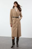 Trendyol Mink Regular Belted Stitch Detailed Soft Textured Long Coat