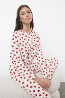 Trendyol Ecru 100% Cotton Heart Patterned Knitted Pajama Set