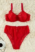 Trendyol Curve Red Velvet Leopard Print High Waist Plus Size Lingerie Sets