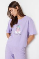 Trendyol Lilac Cotton Fun Printed T-shirt-Pants Knitted Pajama Set