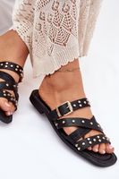 Boto Díszített Női Papucs Lapos Sarokkal Pántokkal És Csattal Fekete Manitte