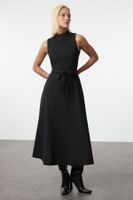 Trendyol Black Belted Waist Opening Stand Collar Midi Woven Dress