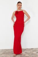 Trendyol Red Fitted Rose Detailed Woven Long Evening Dress