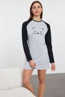 Trendyol Grey Melange Cotton Animal and Heart Printed Knitted Nightgown