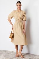 Trendyol Camel Waist Open Back Detail Midi Woven Dress