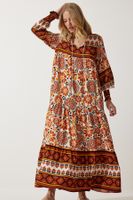 Happiness İstanbul Women's Brick Orange Print Oversize Long Viscose Dress