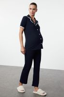 Trendyol Navy Blue Corduroy Shirt Collar Lace Knitted Maternity & Pregnant Pajamas Set