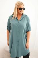 Kesi Włoski Dámská košilová šaty Plus Size s delším zadním dílem a ohrnovacími rukávy tmavě mátová