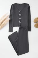 Trendyol Anthracite Cotton Lace and Ribbon/Bow Detailed Ribbed Knitted Pajama Set