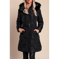 Lange Wattierte Winterjacke Mit Kapuze, Schwarz