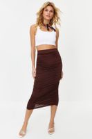 Trendyol Brown Gathered Body-Fitting Elastic Waist Lined Maxi Flexible Knitted Pencil Skirt