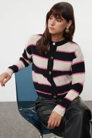 Trendyol Black Soft Textured Crew Neck Color Block Knitwear Cardigan