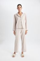 DEFACTO Fall In Love Pajama Set Basic Plain Long Sleeve Top Elastic Waist Long Bottom