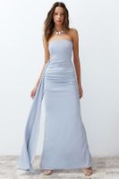 Trendyol Blue Glitter Knitted Long Elegant Evening Dress