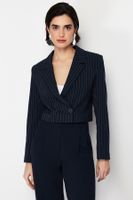 Trendyol Navy Blue Polyviscon Striped Crop Premium Woven Blazer Jacket