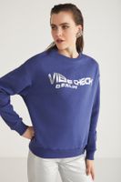 GRIMELANGE Clover Women's Crew Neck Foil Print Detailed Navy Blue Sweatshir