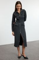 Trendyol Anthracite Zippered Pocket Detailed Gabardine Fabric Midi Woven Shirt Dress