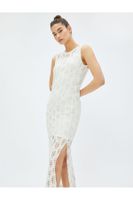 Koton Midi Dress Openwork Slit Sleeveless Crew Neck Lined