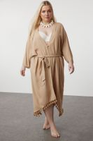 Trendyol Curve Beige Hem Tasseled Bat Sleeve Viscose Beach Wear Kimono & Kaftan