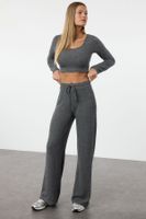 Trendyol Anthracite Soft Crop and Wide Leg Knitted Top and Bottom Set