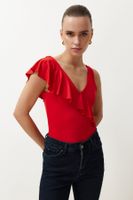 Trendyol Red Fitted Ruffle Detailed V-Neck Stretchy Knitted Bodysuit with Snap Fasteners