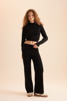 DEFACTO Stand Collar Long Sleeve Ribbed Crop and Elastic Waist Straight Leg Basic Knitwear Bottom Top Set