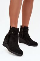 Boto Ocieplane Botki Damskie Na Koturnie Z Frędzlami Czarne Olivarae